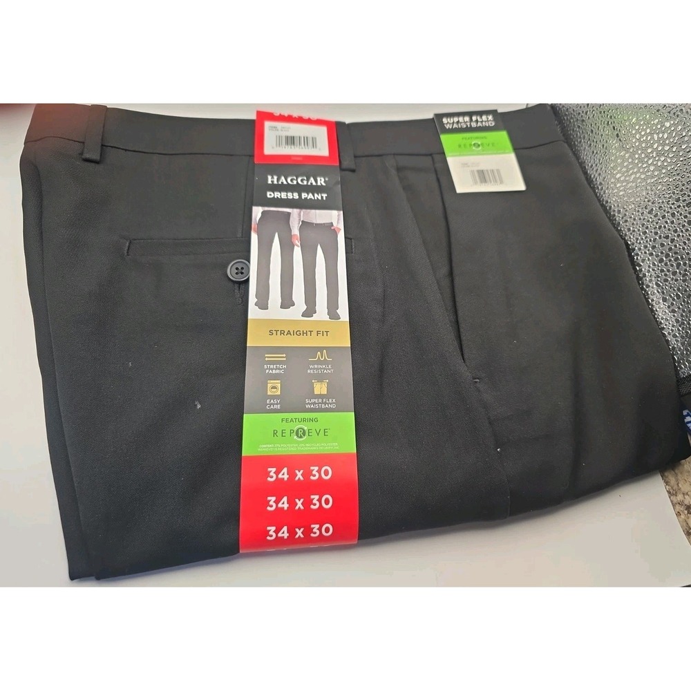 Haggar Men's  Dress Pants Straight  Black 34x30 New With Tags Super Flex‎ Waist